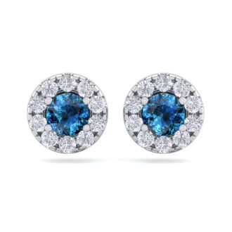1 1/2 Carat Blue Diamond Halo Stud Earrings In 14 Karat White Gold