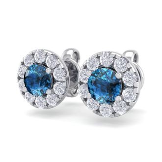 1 1/2 Carat Blue Diamond Halo Stud Earrings In 14 Karat White Gold