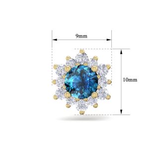 1 Carat Round Shape Flower Blue Diamond Halo Stud Earrings In 14 Karat Yellow Gold