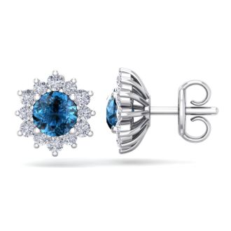 1 1/2 Carat Round Shape Flower Blue Diamond Halo Stud Earrings In 14 Karat White Gold