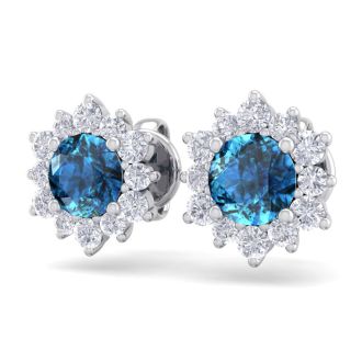 1 1/2 Carat Round Shape Flower Blue Diamond Halo Stud Earrings In 14 Karat White Gold
