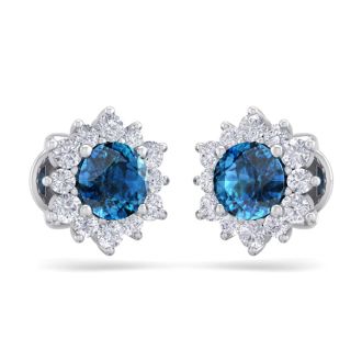 1 1/2 Carat Round Shape Flower Blue Diamond Halo Stud Earrings In 14 Karat White Gold