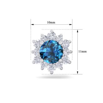 1 1/2 Carat Round Shape Flower Blue Diamond Halo Stud Earrings In 14 Karat White Gold