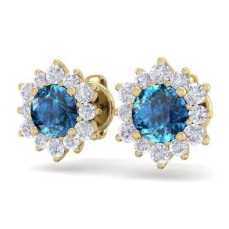 1 1/2 Carat Round Shape Flower Blue Diamond Halo Stud Earrings In 14 Karat Yellow Gold
