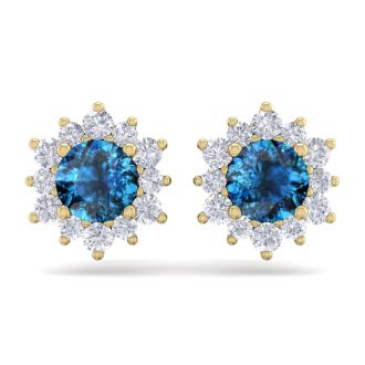 1 1/2 Carat Round Shape Flower Blue Diamond Halo Stud Earrings In 14 Karat Yellow Gold