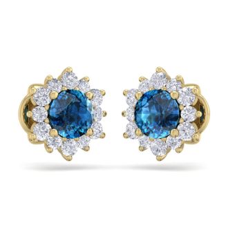 1 1/2 Carat Round Shape Flower Blue Diamond Halo Stud Earrings In 14 Karat Yellow Gold