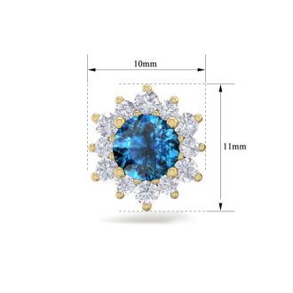 1 1/2 Carat Round Shape Flower Blue Diamond Halo Stud Earrings In 14 Karat Yellow Gold