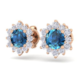 1 1/2 Carat Round Shape Flower Blue Diamond Halo Stud Earrings In 14 Karat Rose Gold