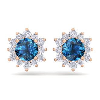 1 1/2 Carat Round Shape Flower Blue Diamond Halo Stud Earrings In 14 Karat Rose Gold
