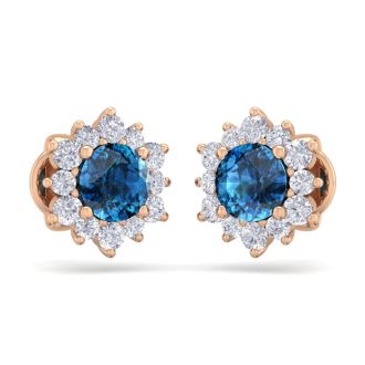 1 1/2 Carat Round Shape Flower Blue Diamond Halo Stud Earrings In 14 Karat Rose Gold