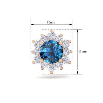 1 1/2 Carat Round Shape Flower Blue Diamond Halo Stud Earrings In 14 Karat Rose Gold