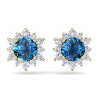 2 Carat Round Shape Flower Blue Diamond Halo Stud Earrings In 14 Karat Yellow Gold