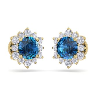 2 Carat Round Shape Flower Blue Diamond Halo Stud Earrings In 14 Karat Yellow Gold