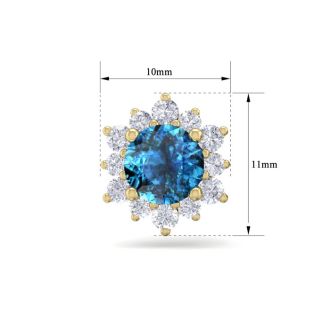 2 Carat Round Shape Flower Blue Diamond Halo Stud Earrings In 14 Karat Yellow Gold