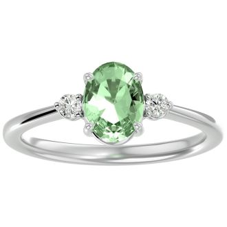 1.15 Carat Oval Shape Green Amethyst and Two Diamond Ring In 14 Karat White Gold