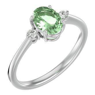 1.15 Carat Oval Shape Green Amethyst and Two Diamond Ring In 14 Karat White Gold