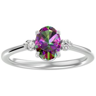 1-1/7 Carat Oval Shape Mystic Topaz Ring and Two Diamonds In 14 Karat White Gold