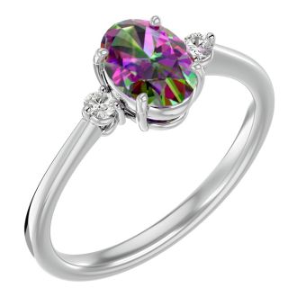 1-1/7 Carat Oval Shape Mystic Topaz Ring and Two Diamonds In 14 Karat White Gold
