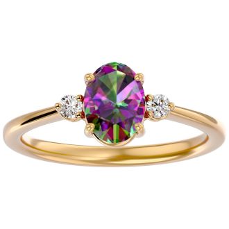 1-1/7 Carat Oval Shape Mystic Topaz Ring and Two Diamonds In 14 Karat Yellow Gold