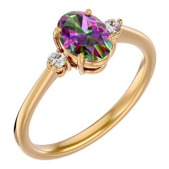 1-1/7 Carat Oval Shape Mystic Topaz Ring and Two Diamonds In 14 Karat Yellow Gold