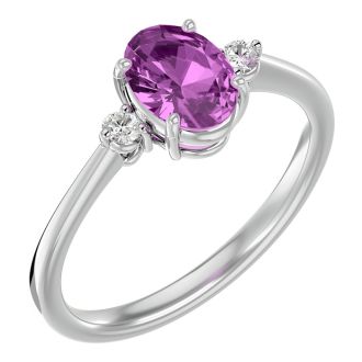 Pink Gemstones 1 1/2 Carat Oval Shape Pink Topaz and Two Diamond Ring In 14 Karat White Gold