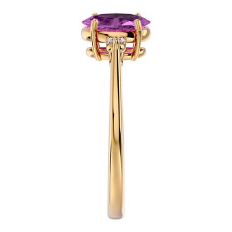 Pink Gemstones 1 1/2 Carat Oval Shape Pink Topaz and Two Diamond Ring In 14 Karat Yellow Gold