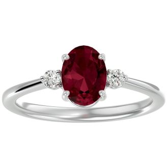 Garnet Ring: Garnet Jewelry: 1 1/2 Carat Oval Shape Garnet and Two Diamond Ring In 14 Karat White Gold
