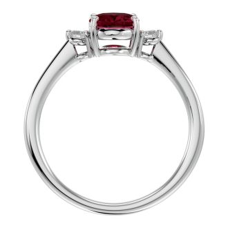 Garnet Ring: Garnet Jewelry: 1 1/2 Carat Oval Shape Garnet and Two Diamond Ring In 14 Karat White Gold
