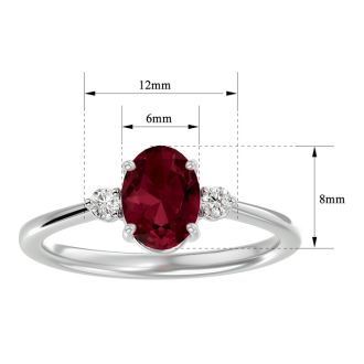 Garnet Ring: Garnet Jewelry: 1 1/2 Carat Oval Shape Garnet and Two Diamond Ring In 14 Karat White Gold