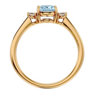 Aquamarine Ring: Aquamarine Jewelry: 1 1/4 Carat Oval Shape Aquamarine and Two Diamond Ring In 14 Karat Yellow Gold