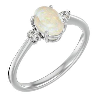 1 Carat Oval Shape Opal Ring with Two Diamonds In 14 Karat White Gold