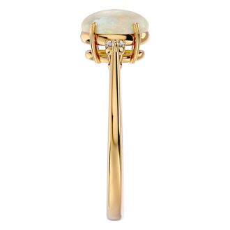 1 Carat Oval Shape Opal Ring with Two Diamonds In 14 Karat Yellow Gold