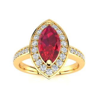1 Carat Marquise Ruby and Diamond Ring In 14 Karat Yellow Gold