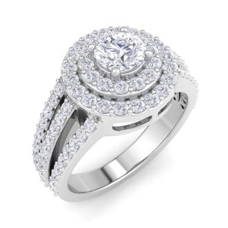 Moissanite Engagement Ring; 1 Carat Moissanite Double Halo Engagement Ring In 14 Karat White Gold
