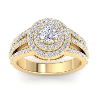 Moissanite Engagement Ring; 1 Carat Moissanite Double Halo Engagement Ring In 14 Karat Yellow Gold