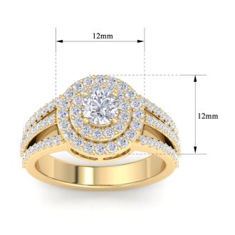 Moissanite Engagement Ring; 1 Carat Moissanite Double Halo Engagement Ring In 14 Karat Yellow Gold