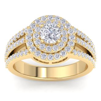1 1/2 Carat Double Halo Diamond Engagement Ring In 14 Karat Yellow Gold