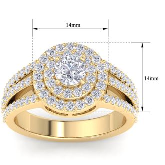 Moissanite Engagement Ring; 2 Carat Moissanite Double Halo Engagement Ring In 14 Karat Yellow Gold