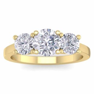 Moissanite Engagement Ring; 2 Carat Moissanite Three Stone Ring In 14 Karat Yellow Gold
