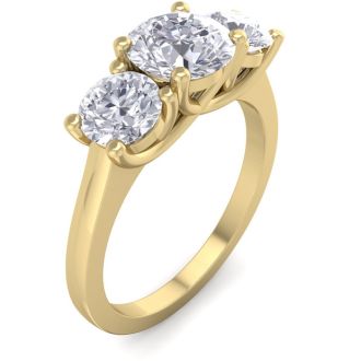 Moissanite Engagement Ring; 2 Carat Moissanite Three Stone Ring In 14 Karat Yellow Gold