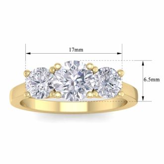 Moissanite Engagement Ring; 2 Carat Moissanite Three Stone Ring In 14 Karat Yellow Gold
