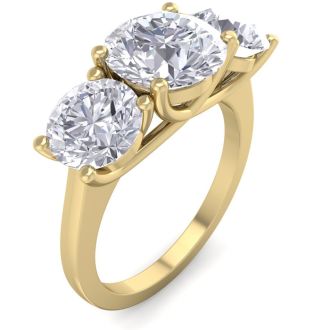 Moissanite Engagement Ring; 4 Carat Moissanite Three Stone Ring In 14 Karat Yellow Gold. Huge Amazing Ring!