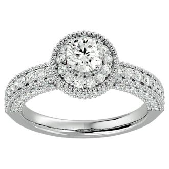 Moissanite Engagement Ring; 1 1/2 Carat Moissanite Halo Engagement Ring In 14 Karat White Gold