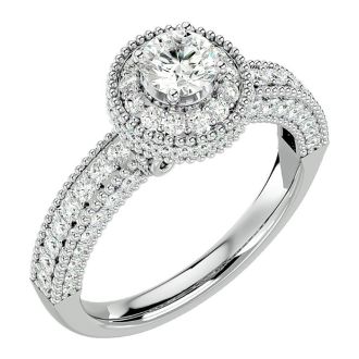 Moissanite Engagement Ring; 1 1/2 Carat Moissanite Halo Engagement Ring In 14 Karat White Gold
