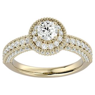 Moissanite Engagement Ring; 1 1/2 Carat Moissanite Halo Engagement Ring In 14 Karat Yellow Gold