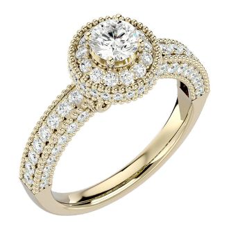 Moissanite Engagement Ring; 1 1/2 Carat Moissanite Halo Engagement Ring In 14 Karat Yellow Gold