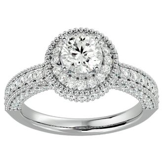 Moissanite Engagement Ring; 1 3/4 Carat Moissanite Halo Engagement Ring In 14 Karat White Gold