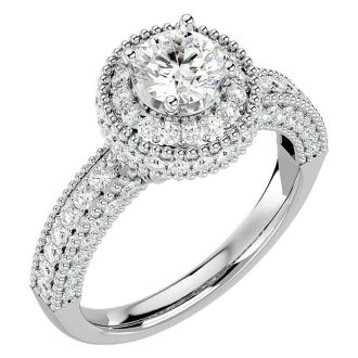 Moissanite Engagement Ring; 1 3/4 Carat Moissanite Halo Engagement Ring In 14 Karat White Gold