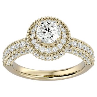 Moissanite Engagement Ring; 1 3/4 Carat Moissanite Halo Engagement Ring In 14 Karat Yellow Gold