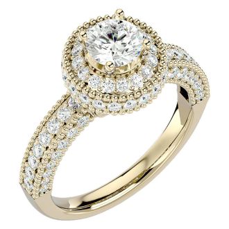 Moissanite Engagement Ring; 1 3/4 Carat Moissanite Halo Engagement Ring In 14 Karat Yellow Gold